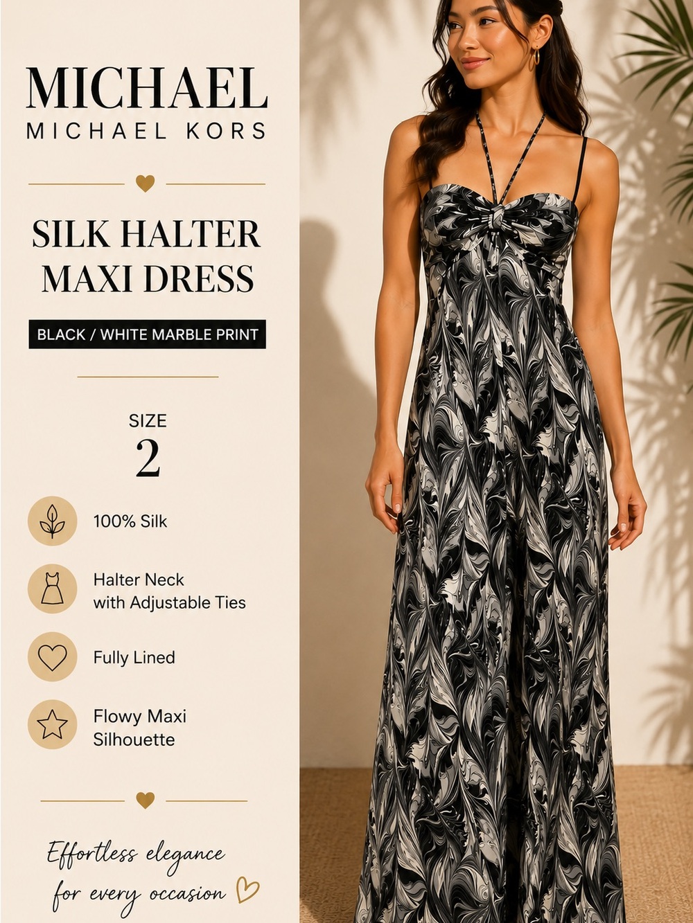 MICHAEL Michael Kors Silk Marble Print Halter Maxi Dress Size 2